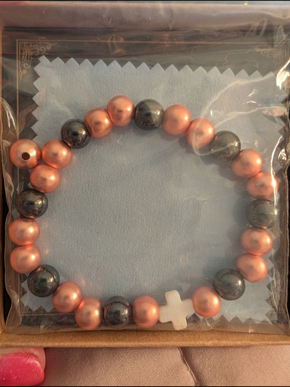 Gold & Black Copper Beaded Stretch Bracelet with White Cross Accent